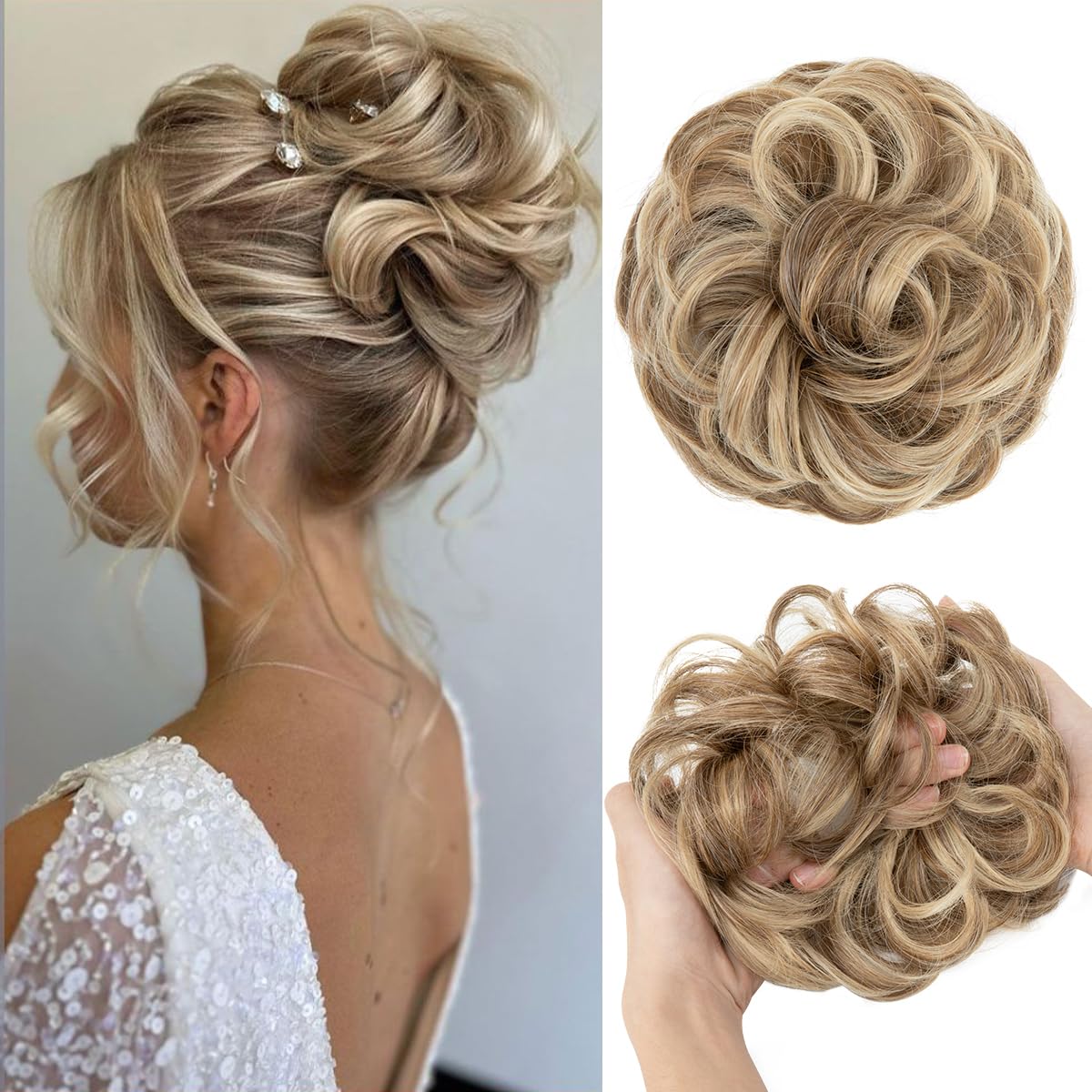 Large Messy Bun Hair Piece - Wavy Curly Synthetic Chignon Ponytail Extensions | Thick Updo for Women - Dirty Blonde