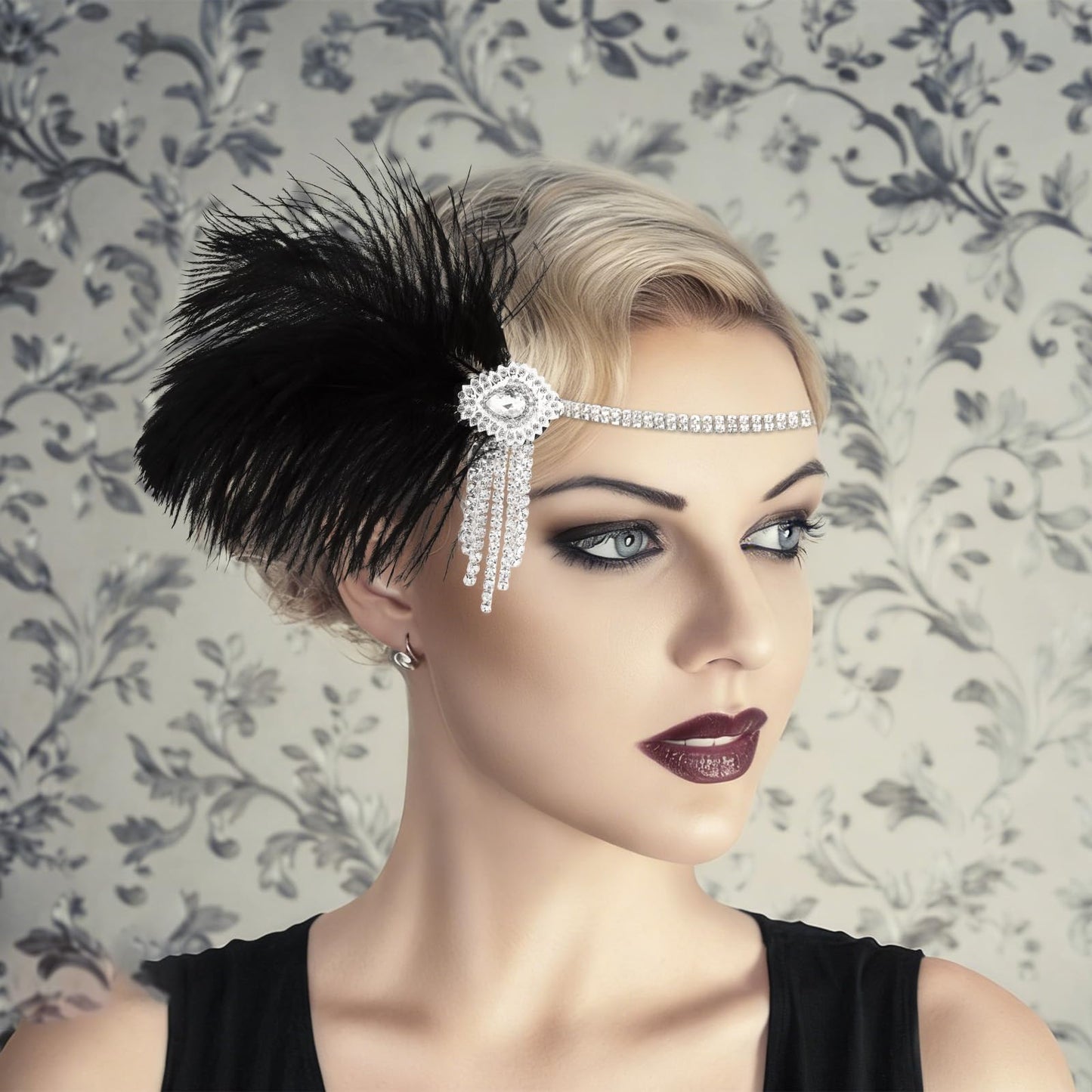 WHAVEL 1920s Flapper Feather Headband Gatsby Headpiece for Women Black Roaring 20s Flapper Inspired Leaf Medallion Crystal Headband Cocktail Party Prom Hair Decorations