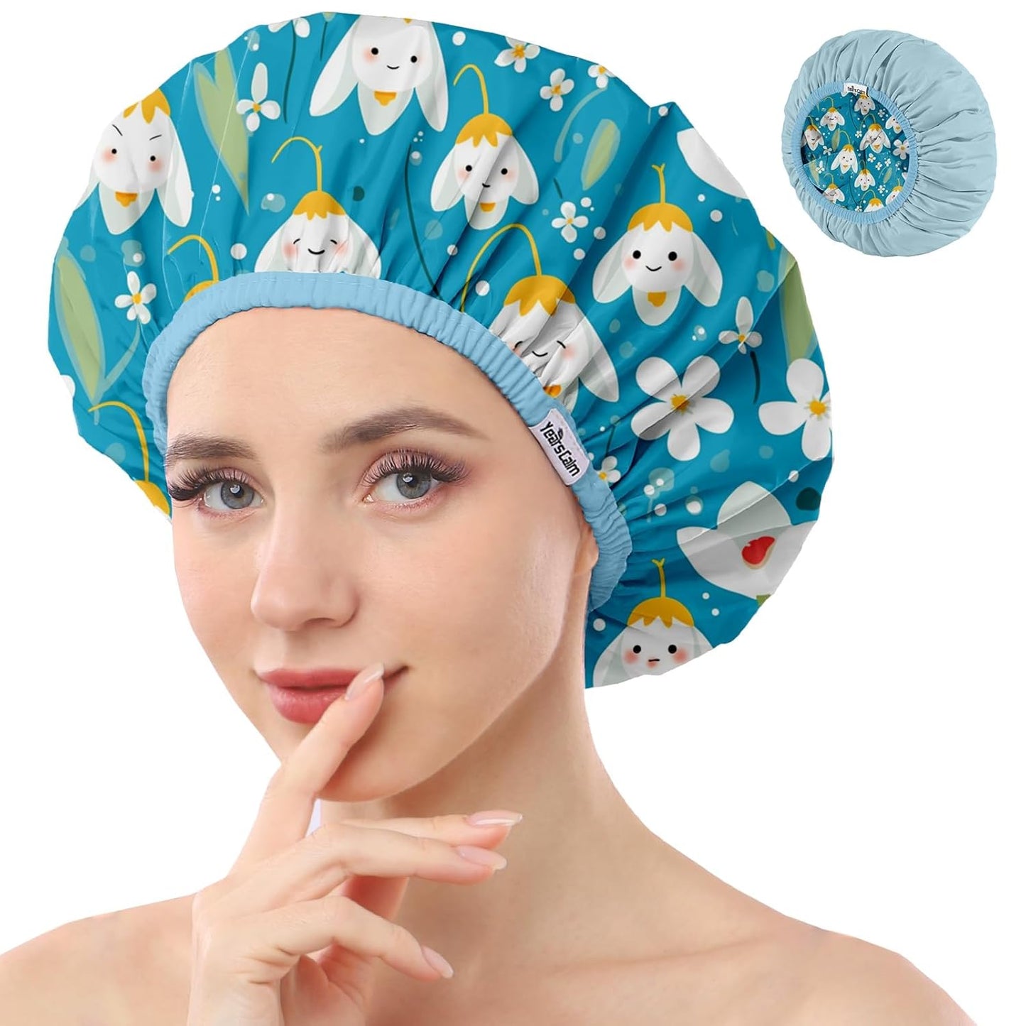 Reusable Waterproof Shower Caps for Women - Double Layer, Reversible Design | Soft Elastic Keeps Hair Dry