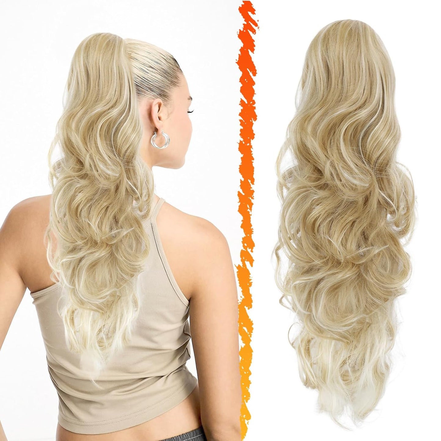 Highlight Ponytail Extension - 20 Inch Curly Wavy Drawstring Hairpiece for Women | Ash Brown & Blonde