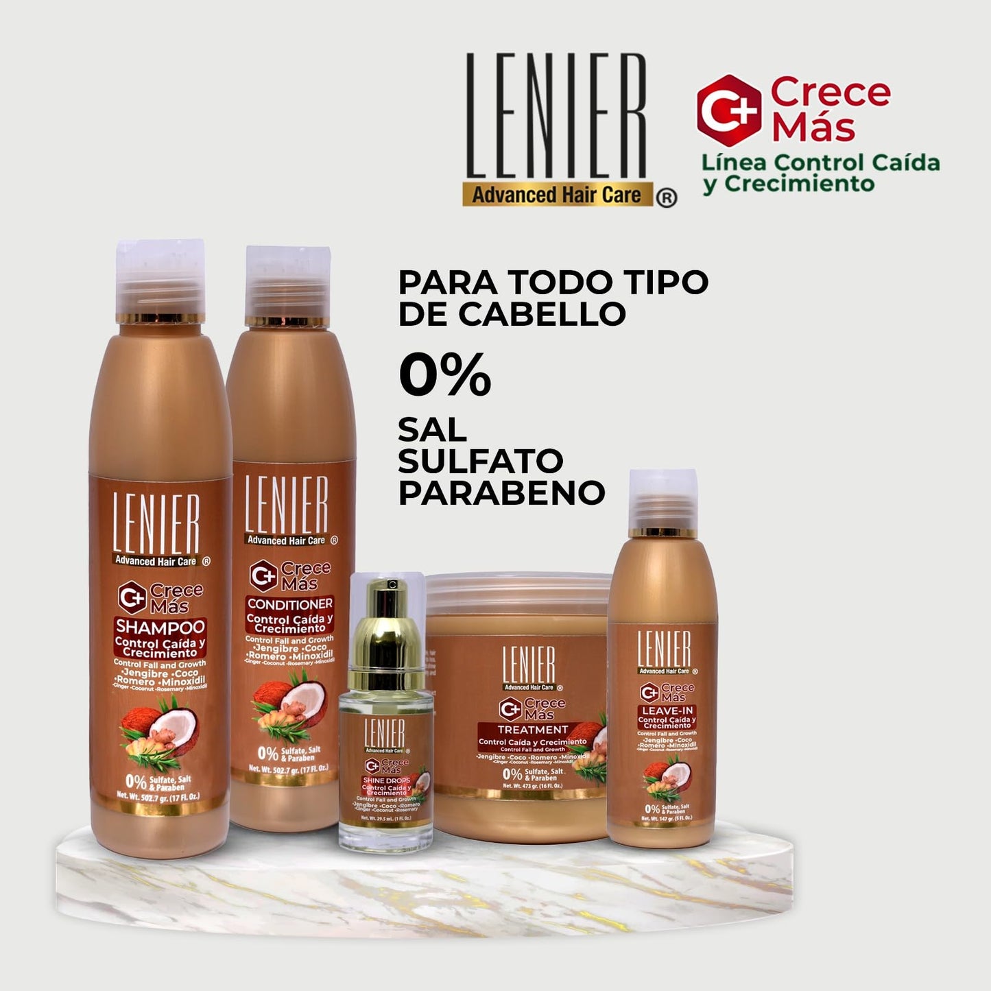 Lenier Crece Más Hair Growth Bundle | 2 Items | Shampoo 17 oz & Hair Treatment 16 oz | Ginger, Coconut Oil & Rosemary | Hair Fall Control & Growth Support | Sulfate & Paraben Free
