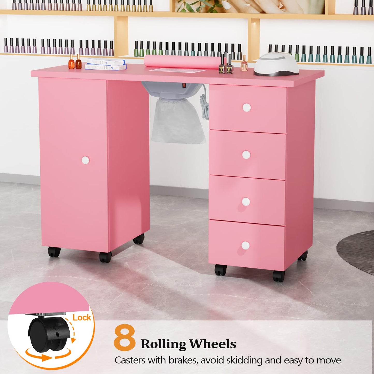 OmySalon Manicure Table Nail Desk for Nail Tech, Nail Table Beauty Salon Tech Station w/Electric Downdraft Vent, Lockable Wheels,Wrist Cushion,Storage Drawers