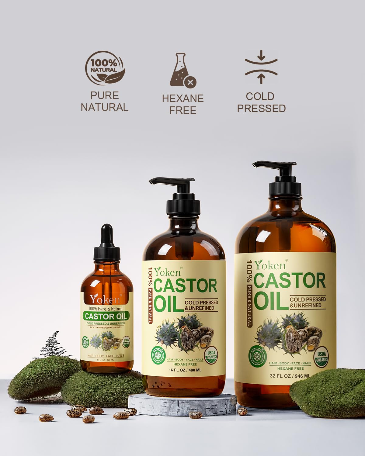 Yoken Castor Oil - 100% Pure Cold Pressed Hexane-Free Oil for Skin, Hair & Body | 32 fl oz Glass Bottle with Pump
