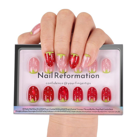 Nail Reformation Press On Nails, Strawberry Candy | Red & Pink Extra Short Round Fake Nails with Velvet Cat Eye Shimmer, Reusable Stick On Nails Kit - 32 Pcs in 16 Sizes, Manicure Gifts for Women