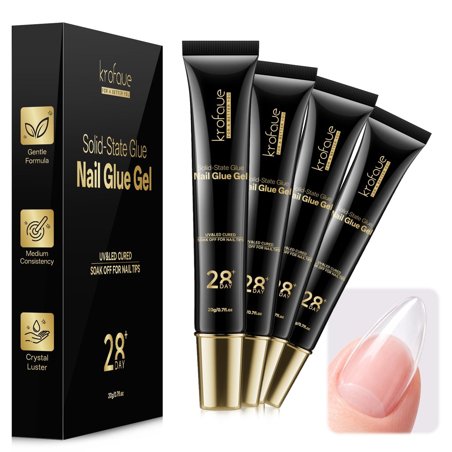 krofaue Solid Nail Glue Gel, Press on Nail Glue 4 x 20g Each (80g Total), Need UV LED Lamp Curing Strong Adhesion for Acrylic Nail Tips Rhinestones 3D Nail Gel Nail Extension Professional Use