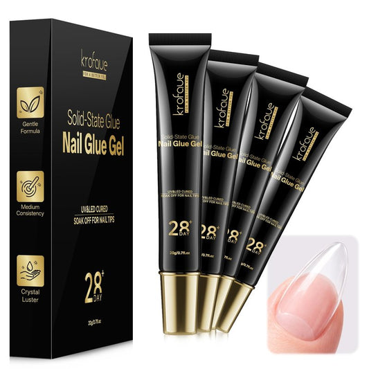 krofaue Solid Nail Glue Gel, Press on Nail Glue 4 x 20g Each (80g Total), Need UV LED Lamp Curing Strong Adhesion for Acrylic Nail Tips Rhinestones 3D Nail Gel Nail Extension Professional Use