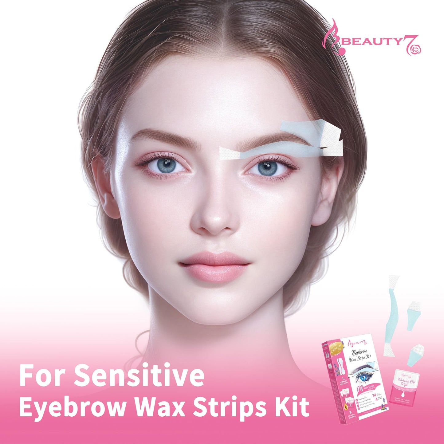 Beauty7 Sensitive Eyebrow Wax Strips, Facial Hair Removal for Women, Eyebrow Waxing Strips, with 24 Strip 4 Calming Oil Wipes, Home Waxing for Sensitive Skin Types