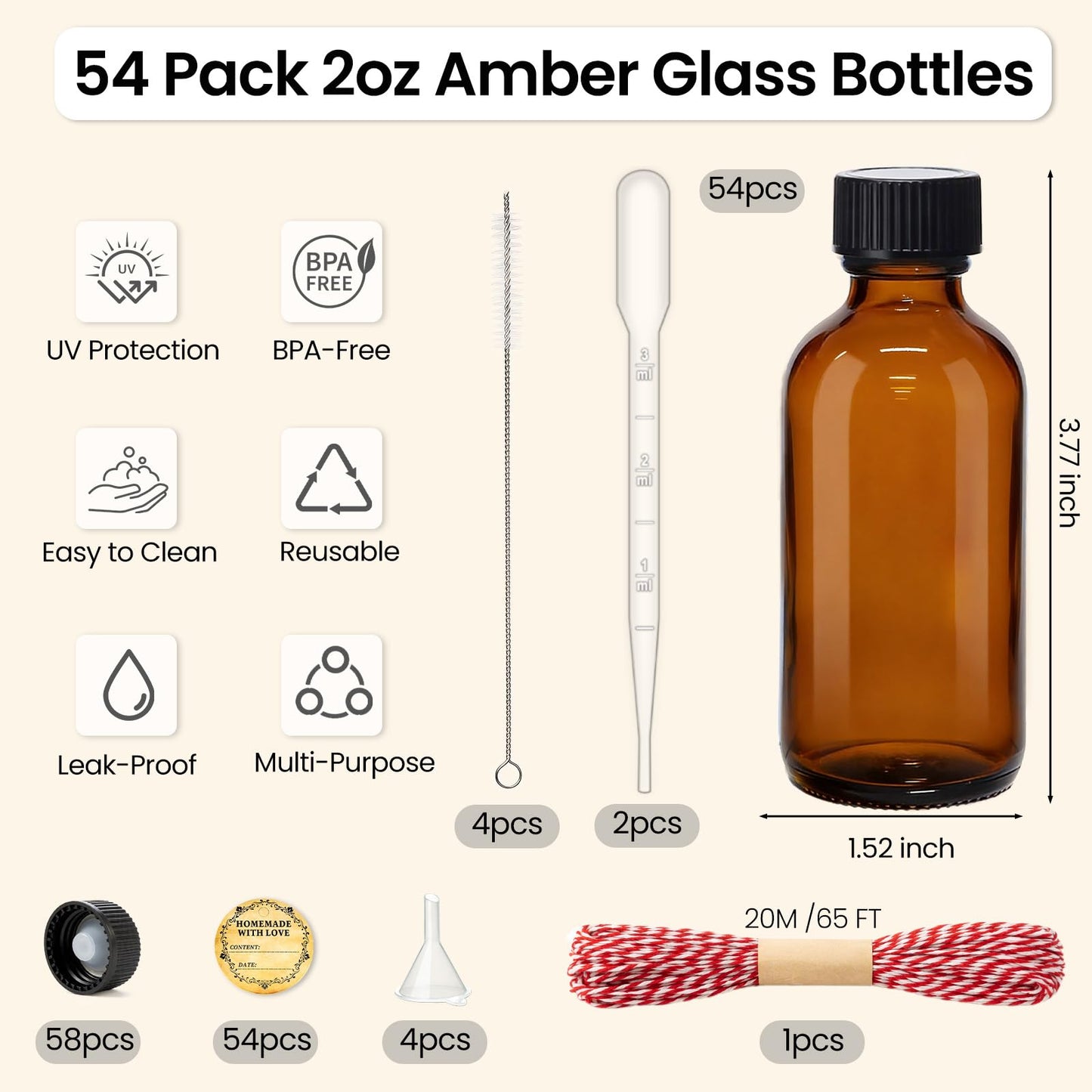 TBWIND 54 Pack 2oz Amber Glass Boston Round Bottles with Airtight Caps