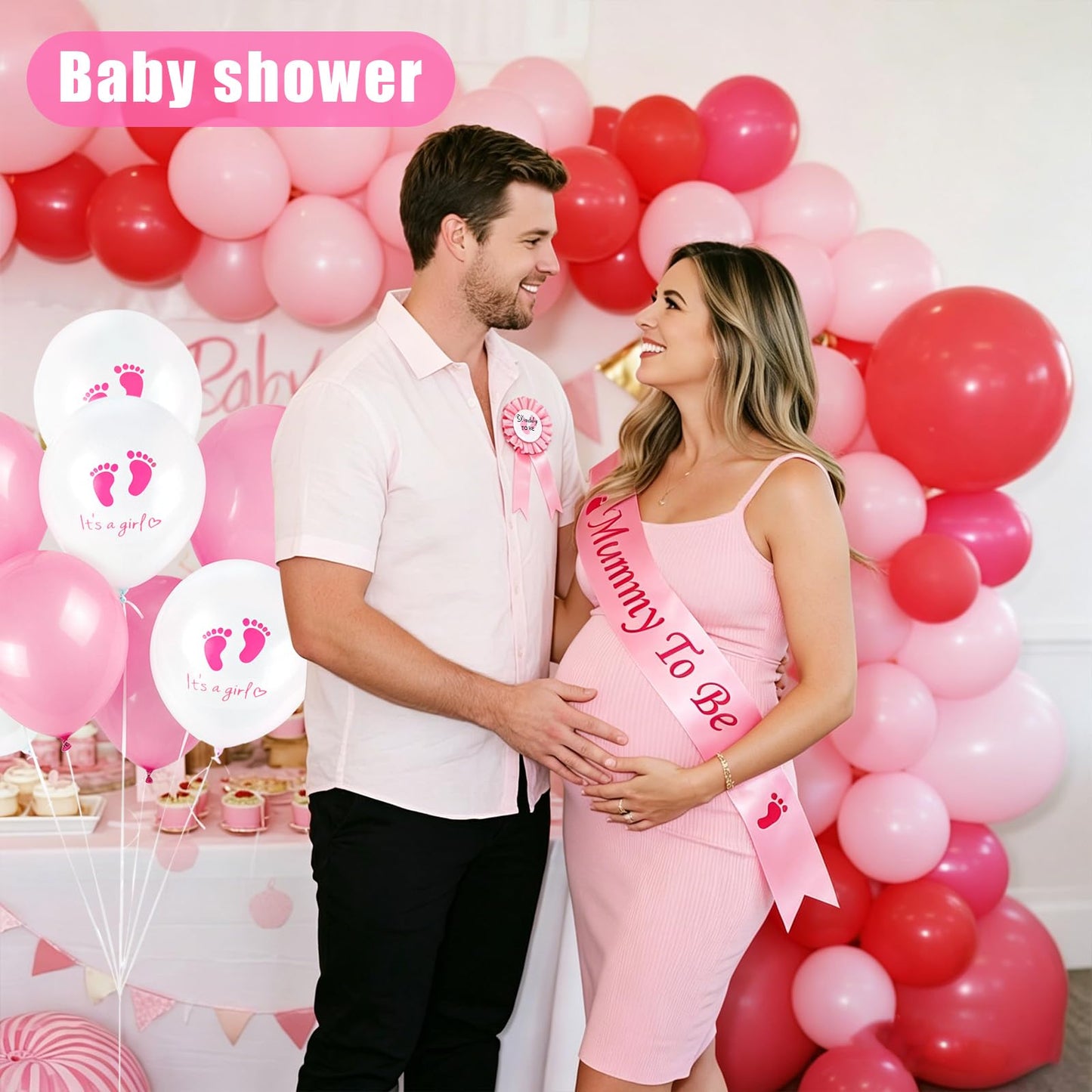 BRIOYHA Mommy to Be Sash and Daddy to Be Badge Set, Pink Baby Shower Decorations with Latex Balloons, Gender Reveal Party Favors Accessories