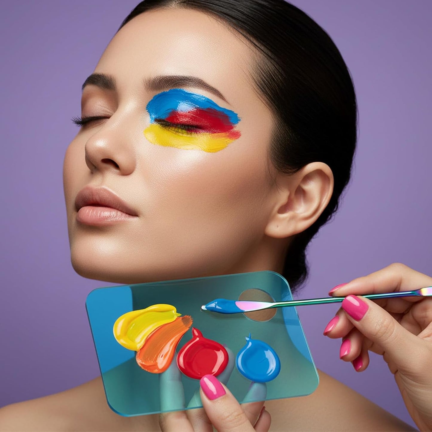 4-Piece Foundation Mixing Palette - Reusable Makeup Tray with Spatula for Foundation, Eyeshadow & Lipstick | Blue & White