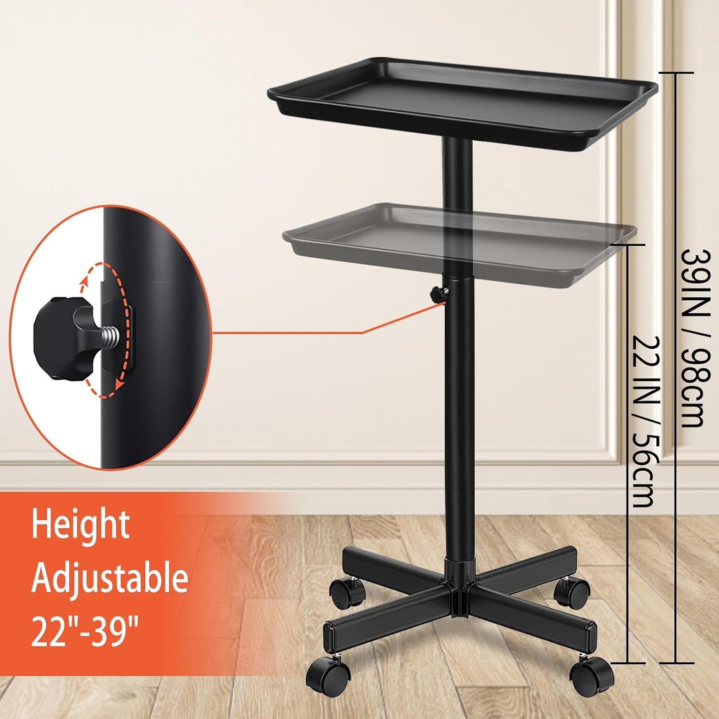 Height Adjustable Rolling Beauty Trolley Cart - Professional Salon Tray on Wheels | Black