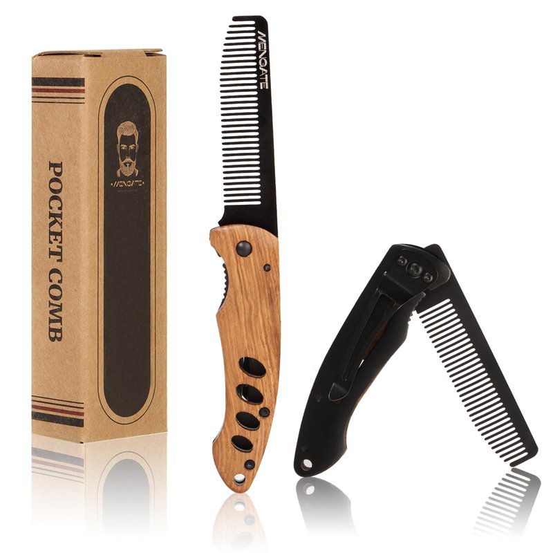 1PC Small Folding Pocket Beard & Mustache & Hair Styling Comb for Men - Metal Tactical Grooming Tool with Wooden Handle for Travel & Home Use - Idea for Stocking Stuffers - Length 6.57inch - Black