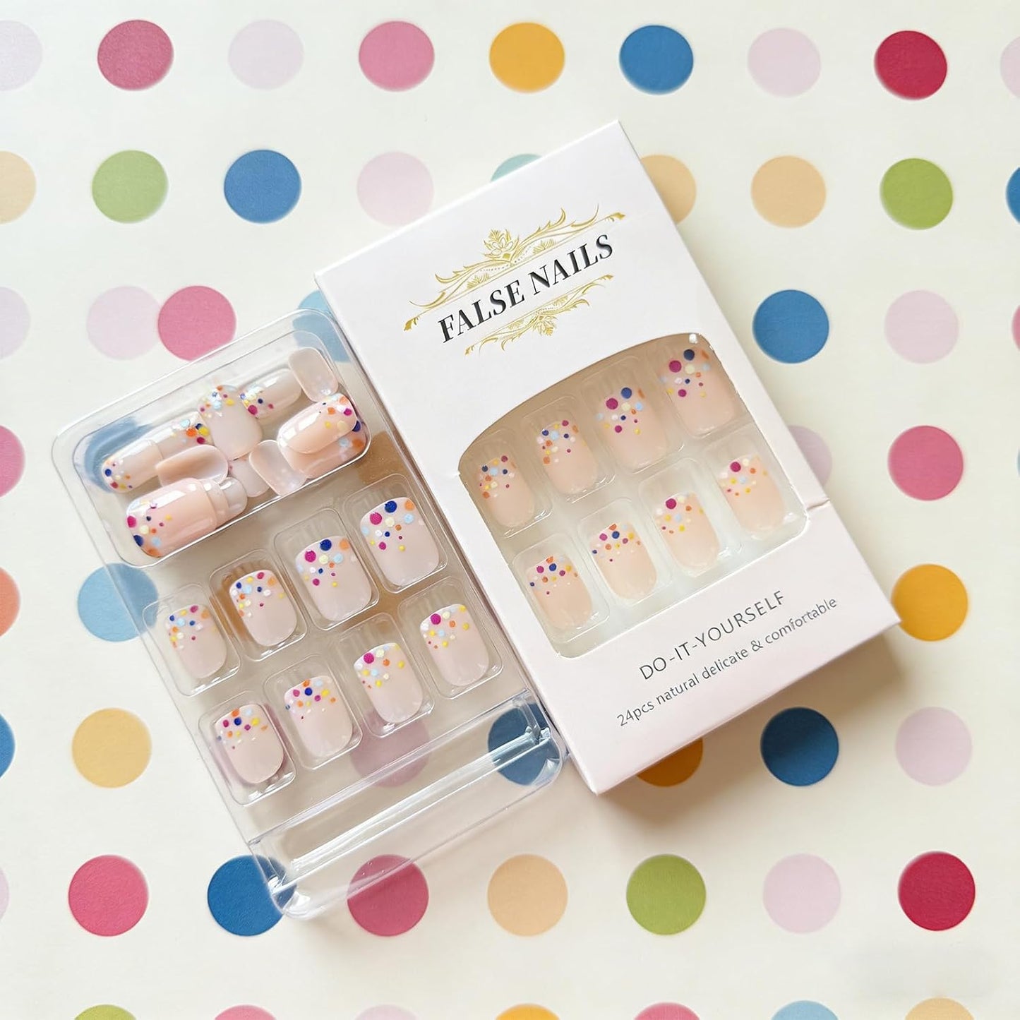 Colorful Polka Dot Press-On Nails - Short Square Acrylic Fake Nails | Glossy Full Cover, 24 Pcs