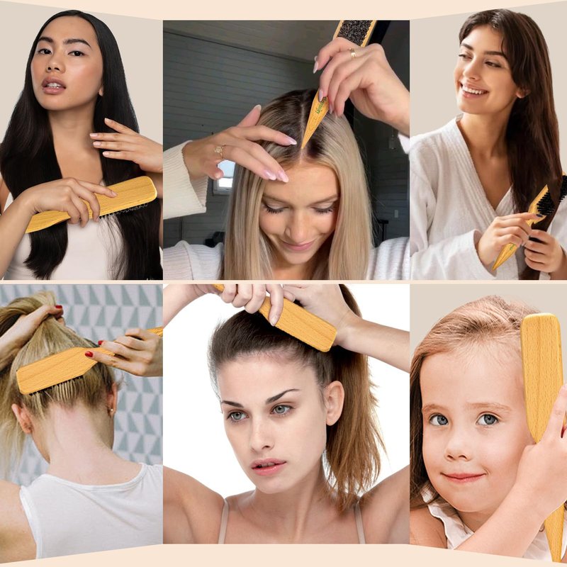 Boar Bristle Slick Back Hair Brush for Sleek Ponytail Bun & Smoothing Baby Hairs & Flyaways - Soft Boar Brush Hair Comb for Women & Men - Teasing Hairbrush with Wide Rat Tail for Sectioning & Parting