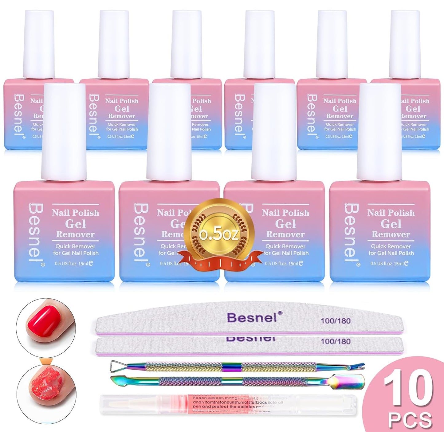 Professional Gel Nail Polish Remover | Non-Irritating Formula for Quick & Easy Removal - Complete Kit with Nail File & Cuticle Pusher