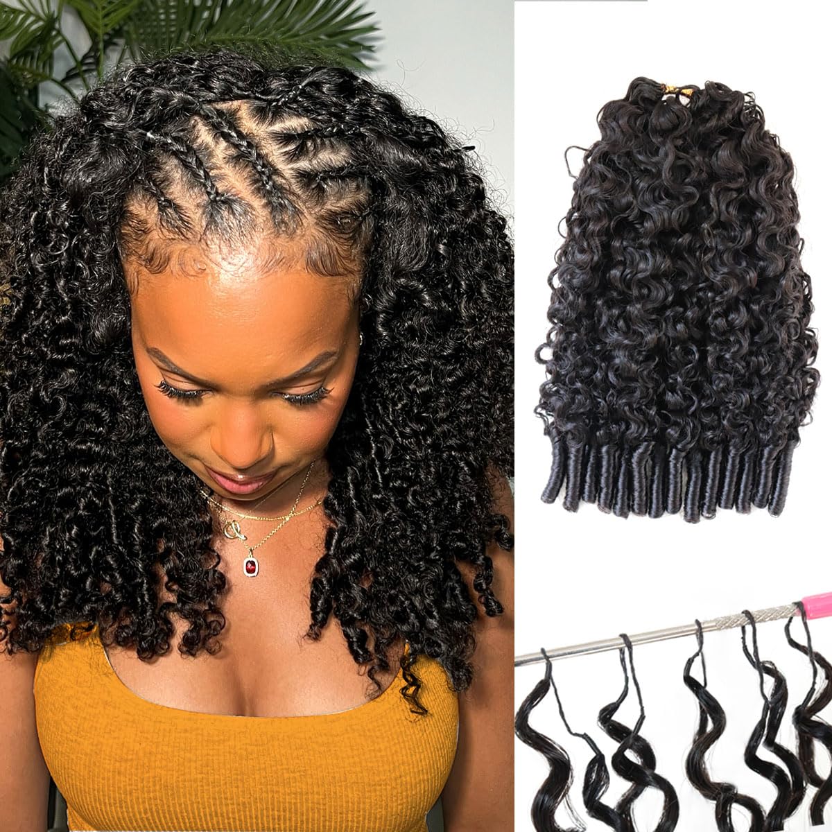 Mnador Burmese Curly Crochet Hair for Black Women 60g Pre-Separated Feather Crochet Human Hair Invisible Knotless Human Crochet Hair Reusable Lightweight Hair Extensions Natural Black 14Inch