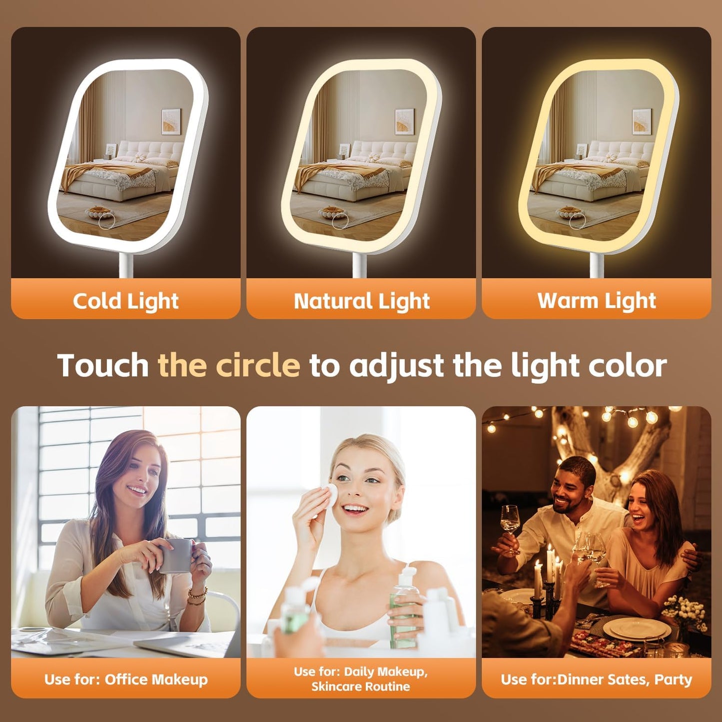 LED Makeup Mirror with Touch-Sensitive Controls - 270° Rotation, 3 Light Colors | Portable & Rechargeable