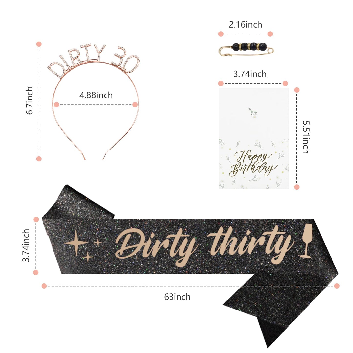 Frutain 30th Birthday Decorations for Her, Glitter Dirty Thirty Birthday Sash & Rhinestone Headband & Pearl Pin & Happy Birthday Card Set for Women Happy 30th Birthday Party Favors Gifts (Black)