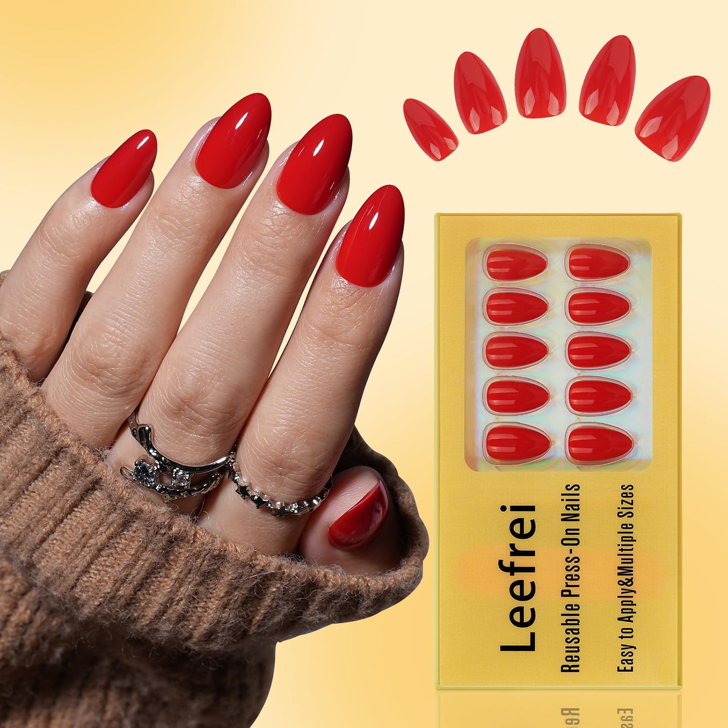 Leefrei Red Press on Nails, Glossy Almond Fake Nails with Glue, 32 PCS 16 Sizes Reusable Press Ons for Women, Cherry Heat