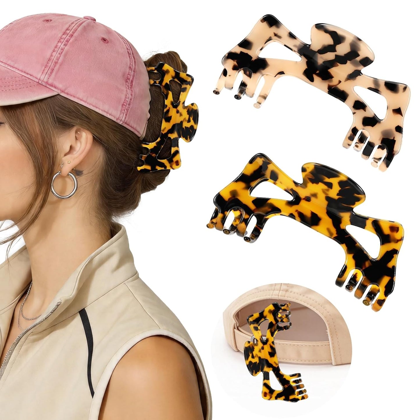 Hat Claw Clips for Women - 2 Pack Non-Slip Hair Accessories for Thick Curly Hair | Leopard & Tortoise Shell