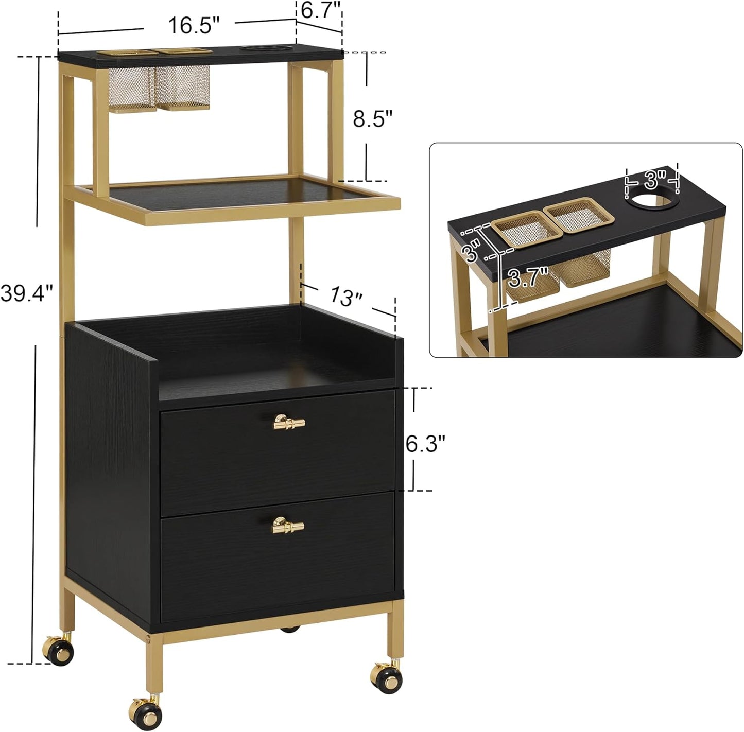 Rolling Salon Cart for Hair Stylists - Barber Trolley with Metal Tool Holder & Storage Drawers | Large Black