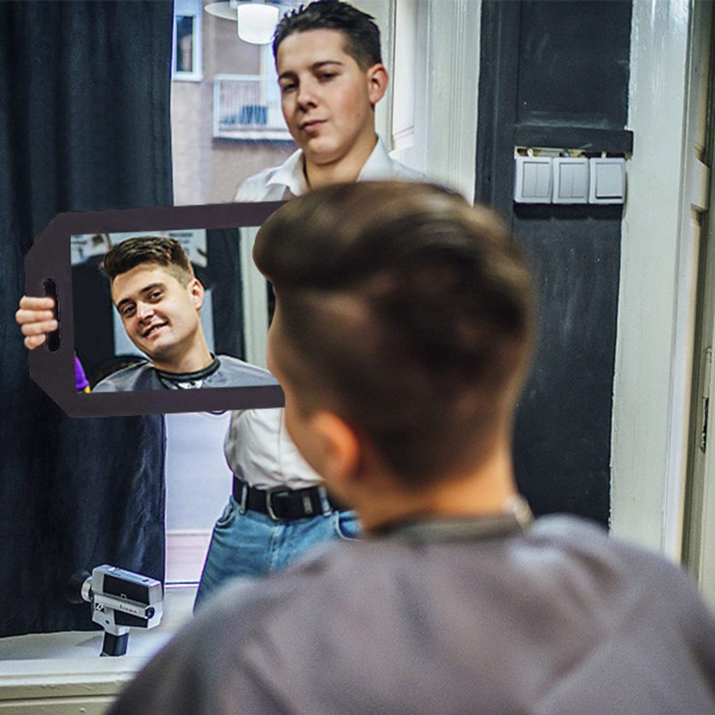 Feisate 4 Pack Barber Mirror Handheld Foam, Hair Salon Large Hand Mirror with Double Handle, Square Foam Mirrors Barber Accessories, Barbershop Handheld Mirror, Barber Supplies Black