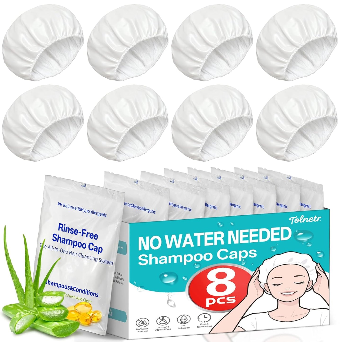 Shampoo Caps - 8 Pack No Water Rinse Microwavable | Waterless Hair Washing for Bedridden Patients & Camping - PH Balanced, Portable