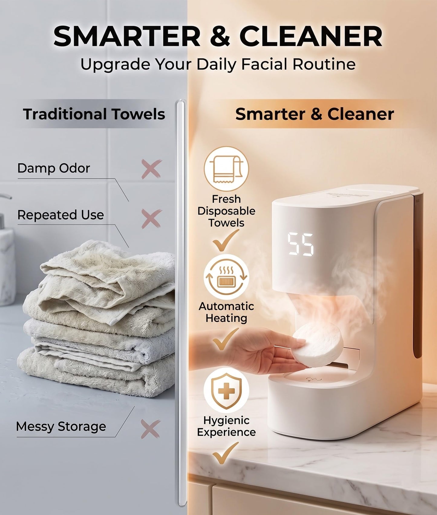 Hot Face Towel Heater Machine Smart Hot Face Towel Dispenser 5-Second Rapid Heating Automatic Heating & Dispensing 55°C(131°F) Constant Temp 20 Compressed Towels for Facials Spa Cleaning(1set)