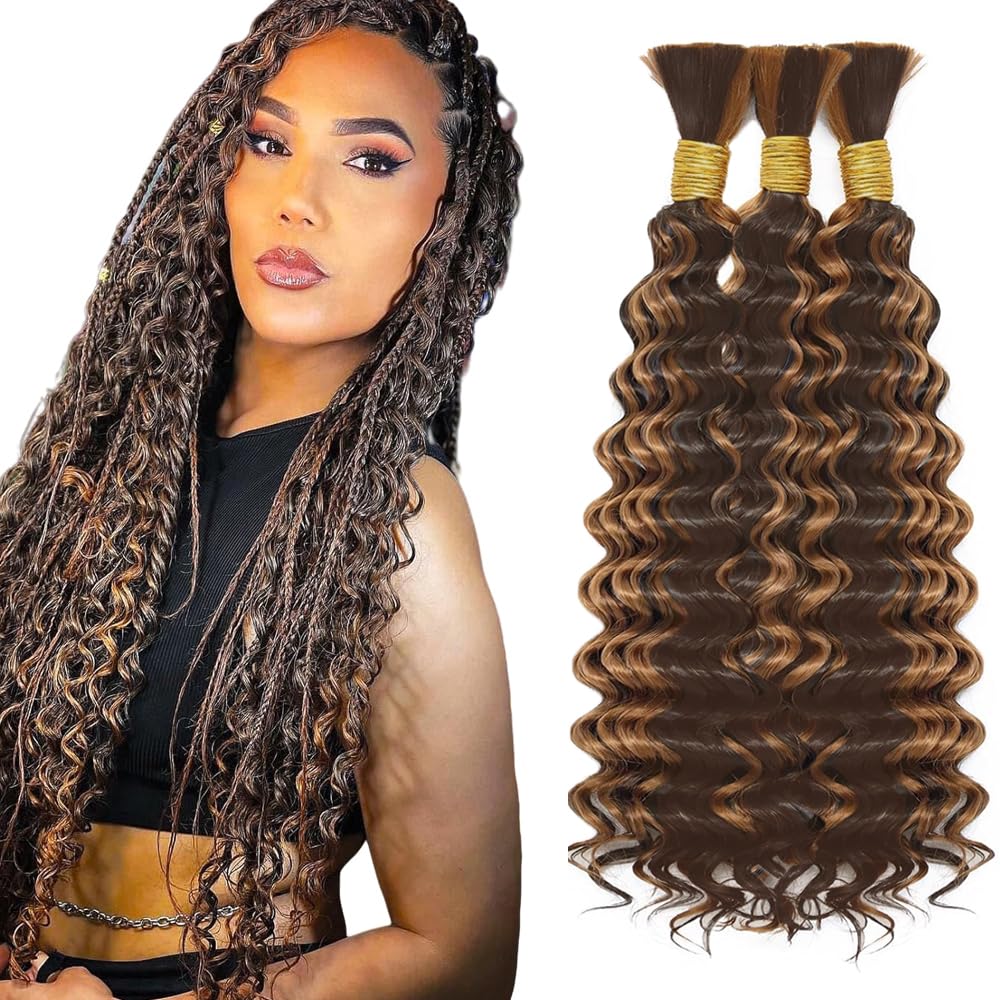 28 28 28 Inch Highlight Brown Human Braidng Hair For Boho Braids P4/30 Boho Human Hair Braiding Deep Wave Braids 3 Bundles/Pack Brown Color 150g