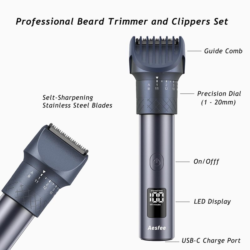 Beard Trimmer and Clippers Set for Men with Foil Shaver, Professional 3-in-1 Mens Shaving Fades Kit with Nose Trimmer, IPX7 Waterproof Wet/Dry, Precise Dial Adjustable 20 Settings, USB-C Rechargeable