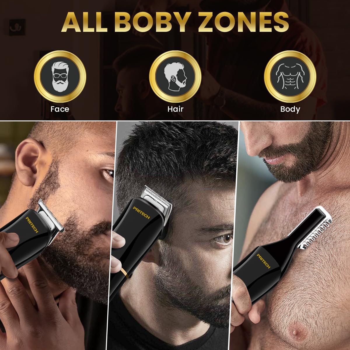 PRITECH Beard Trimmer for Men, 6 in 1 Hair Trimmer Kit, Electric Beard Trimmer with Hair, Precision, Body, Nose, Foil Razor, Grooming Kit Waterproof IPX6 (White)