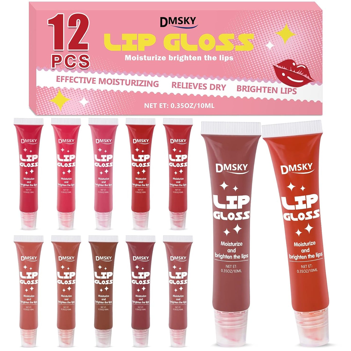 Dmsky Lip Gloss Set - 12 Colors Moisturizing Lip Gloss with Vitamin E for Dry Lips | Bulk Pack
