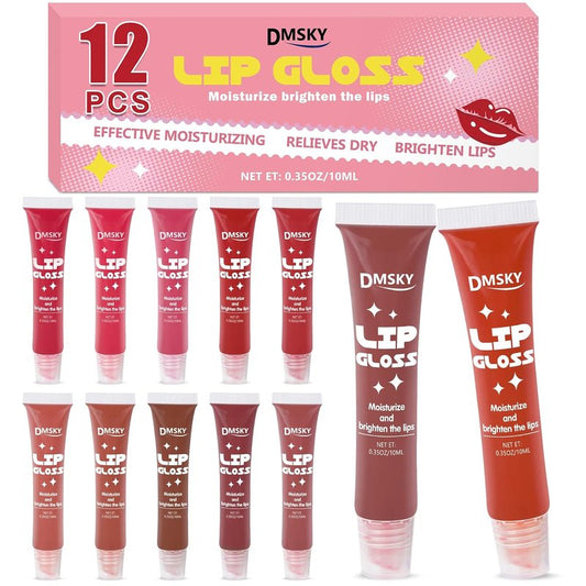 Dmsky Lip Gloss Set - 12 Colors Moisturizing Lip Gloss with Vitamin E for Dry Lips | Bulk Pack