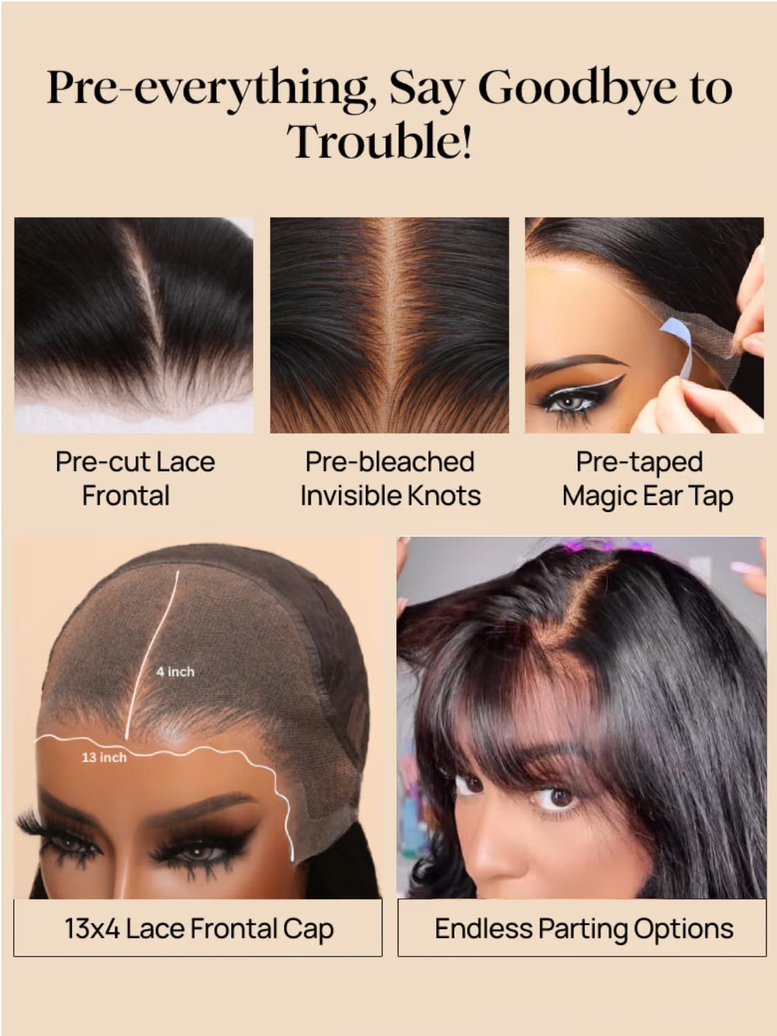 UNICE Pre Everything Body Wave 13x4 Lace Front Wigs Human Hair with Bangs Glueless Wig Human Hair Pre Plucked Pre Cut Lace Bleached Knots Ready to Wear Frontal Wig Black Color 18 inches