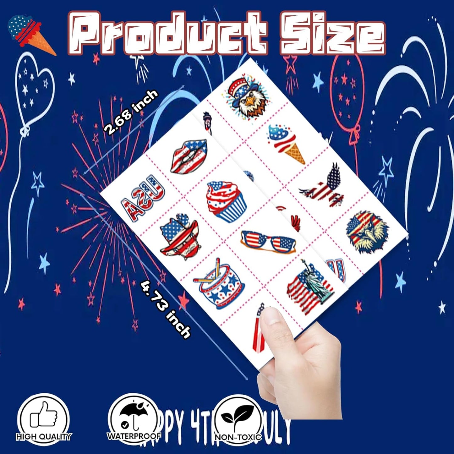 4th of July Temporary Tattoos - 320 Pcs USA Patriotic Stickers | Waterproof Red, White & Blue Face and Body Decor