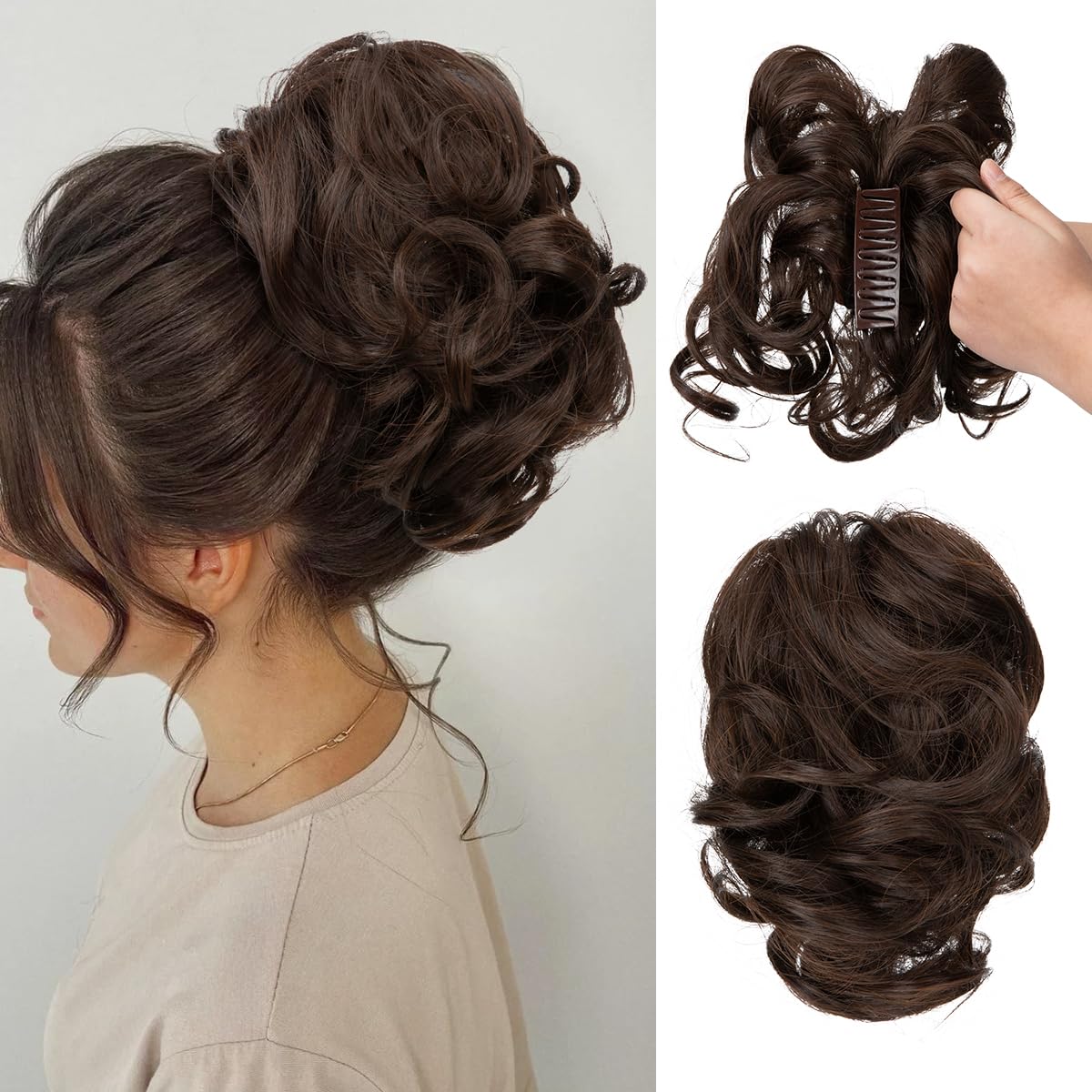 CJL Hair Claw Clip Short Ponytail Extensions - Bendable Metal Messy Bun Piece | Wavy Curly Synthetic Hair, Ash Grey
