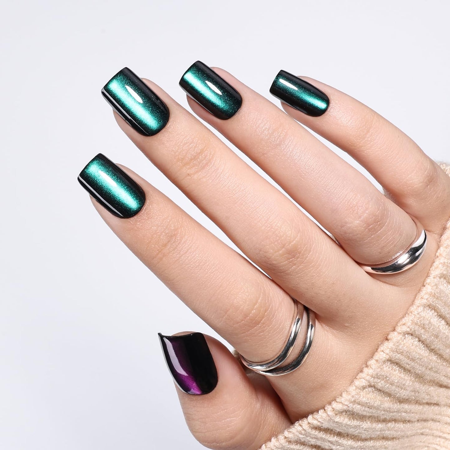 Red Cat Eye Press On Nails - Almond Short Reusable Fake Nails | 32pcs in 16 Sizes, Garnet Color