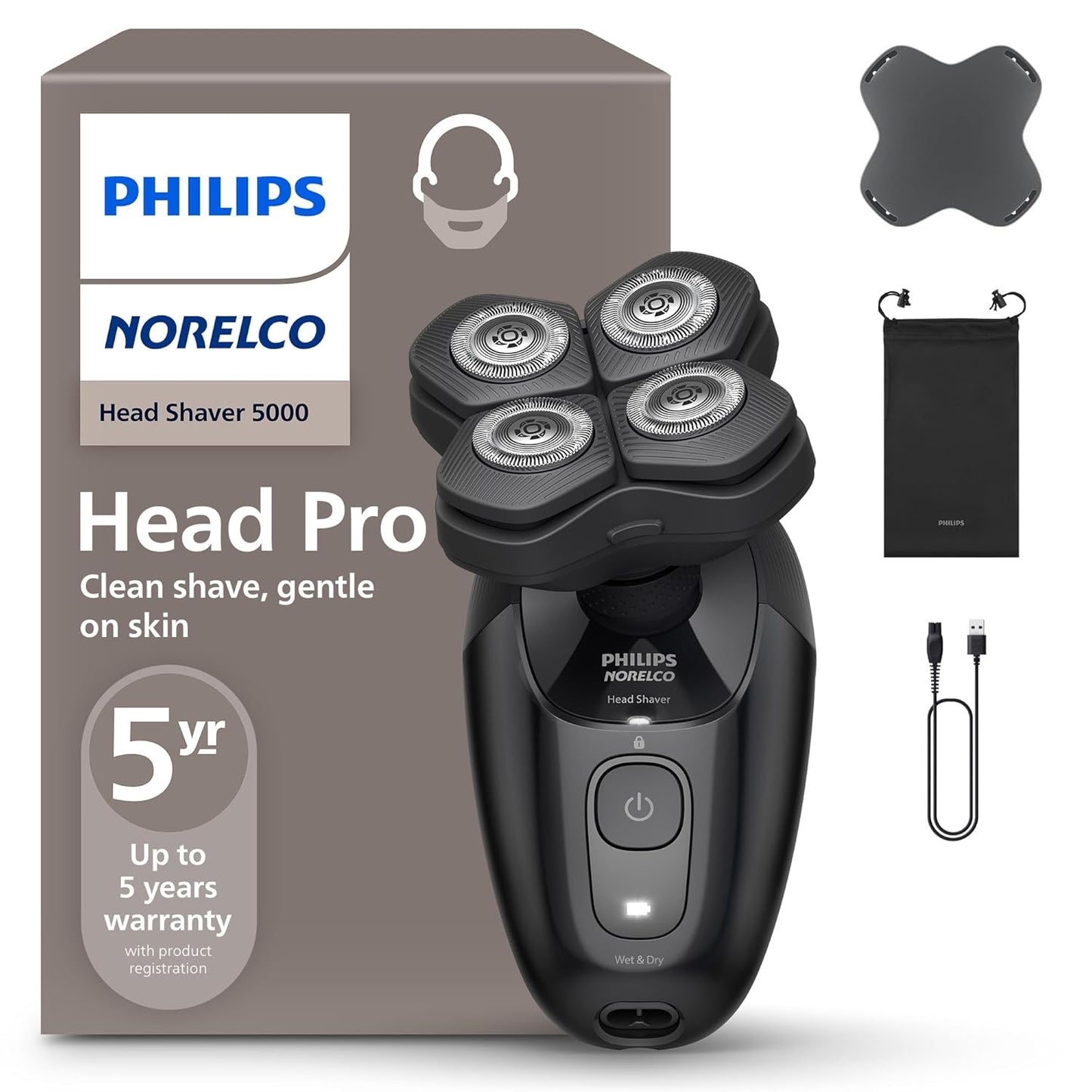 Philips Norelco Head Shaver Pro 5000 Series - Electric Shaver with 360° Flexing Head & ComfortCut Blades | Gentle on Skin, Model HS5980/40