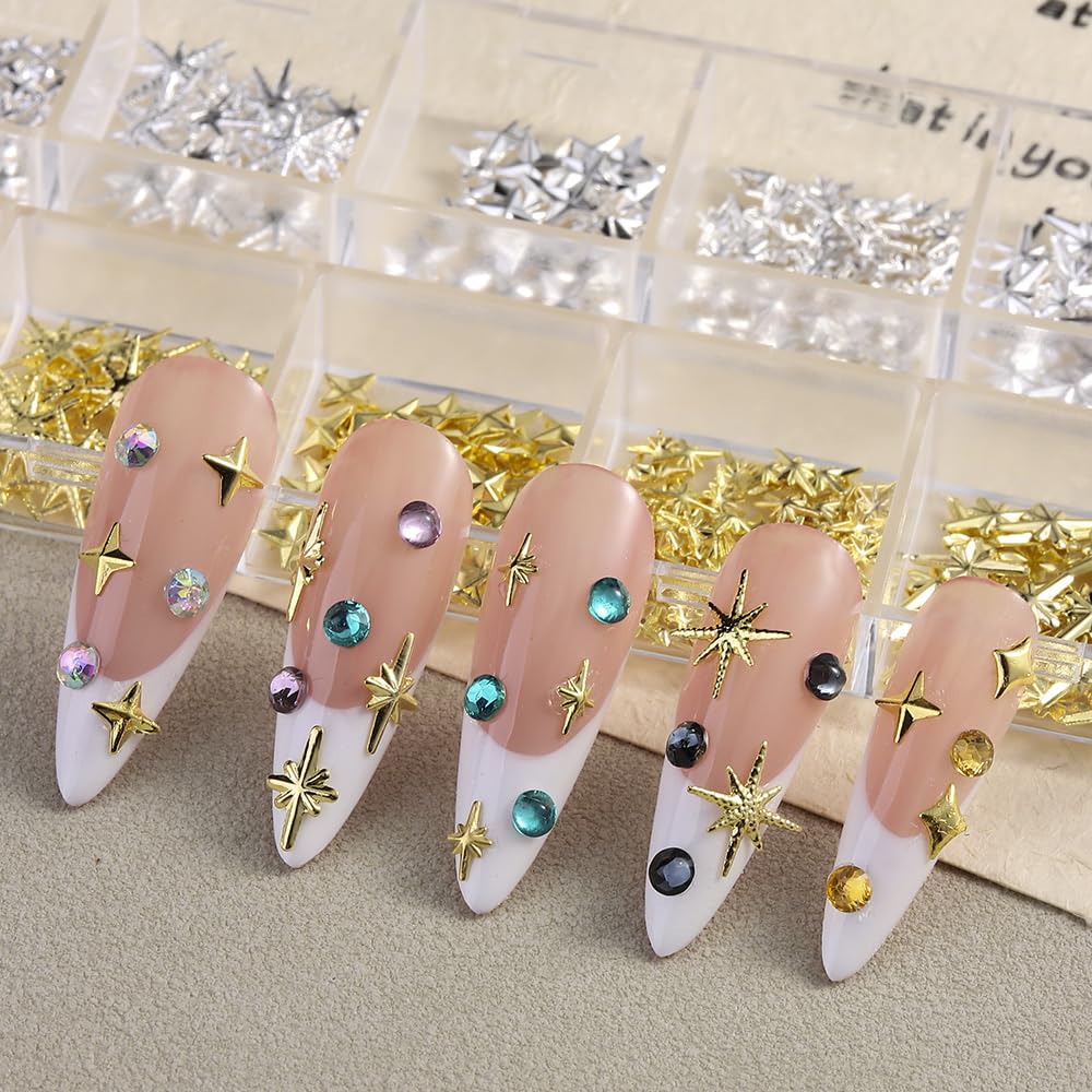 3D Star Metal Nail Art Charms, Mixed Styles Gold Silver Star Alloy Nail Rivets Jewelry Metallic Studs Rhinestones Star Manicure Decorations for Women Girls Nails Supplies DIY Crafts