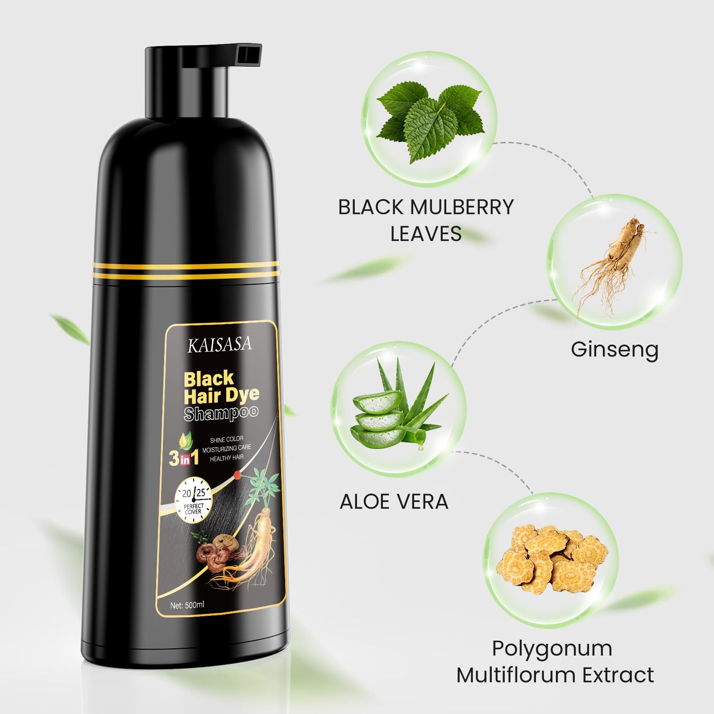 KAISASA Black Hair Dye Shampoo 3 in 1, Hair Color Shampoo for Women and Men, Hair Dye to Cover Gray Hair, Dye Shampoos for Grey Hair Coverage 500ml (Black)