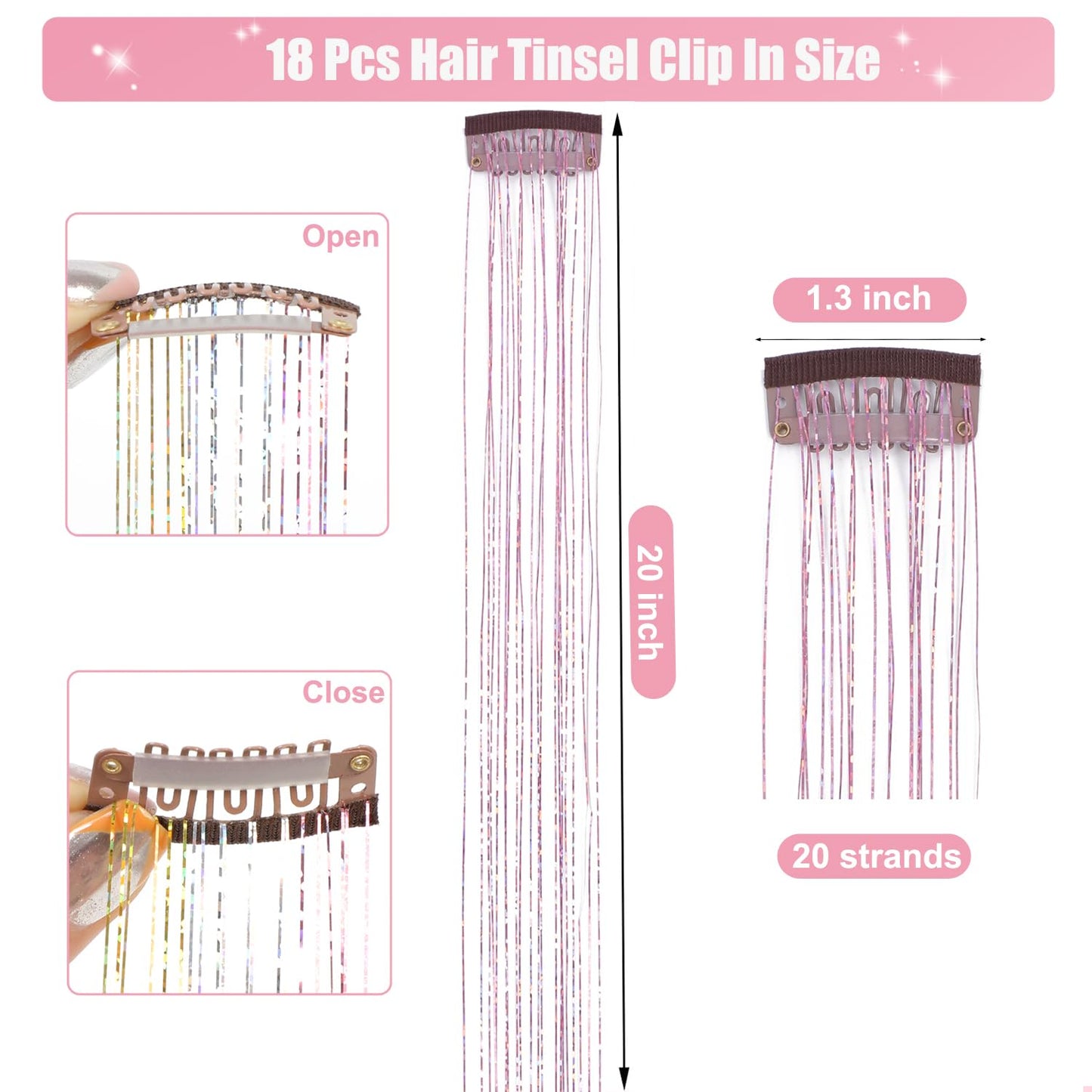 Aokomisu Hair Tinsel Clip in Pack of 18 Pcs 20 Inch Clip in Hair Tinsel Pink Glitter Tinsel Hair Extensions Fairy Hair Clips Party Dazzle Hair Accessories for Girls Kids Women (Pink-18 Pcs)