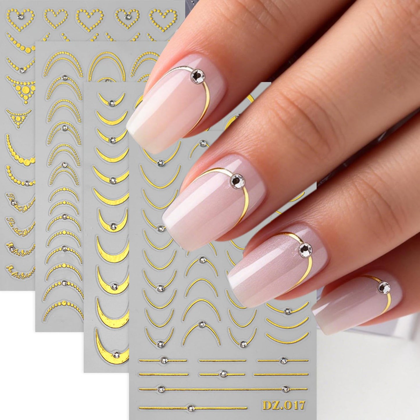 8PCS Line Nail Art Sticker Gold Silver Foil Nail Stickers Nail Art Supplies 3D Metallic Curve Stripe Wave Lines Nail Decals French Nail Design with Rhinestone Accessories Striping Tape Wavy Nail Decor
