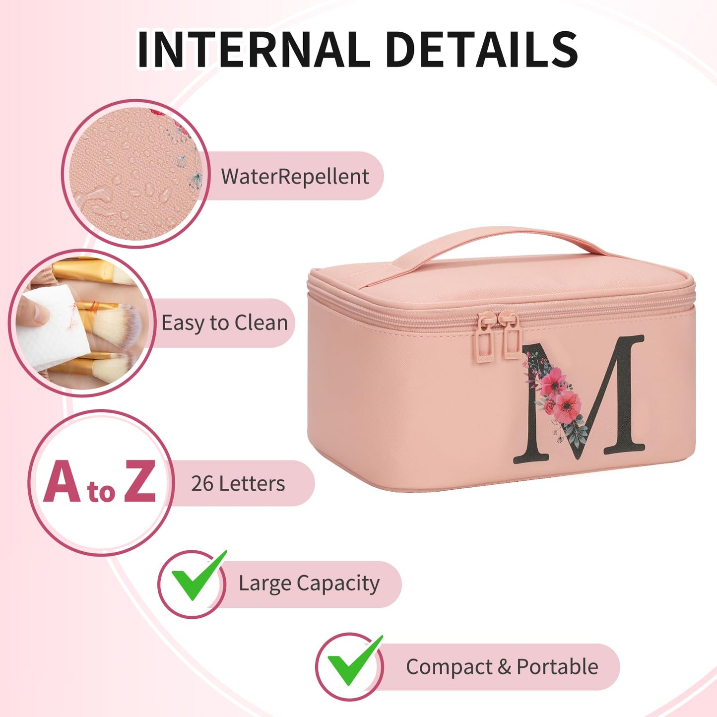 OCHEAL Initial Makeup Bag,Monogram Make up Bag Pink Travel Makeup Organizer Case Beauty Toiletry Cosmetic Bag with Brush Holder, Trendy Stuff Personalized Gifts for Women and Girls-M