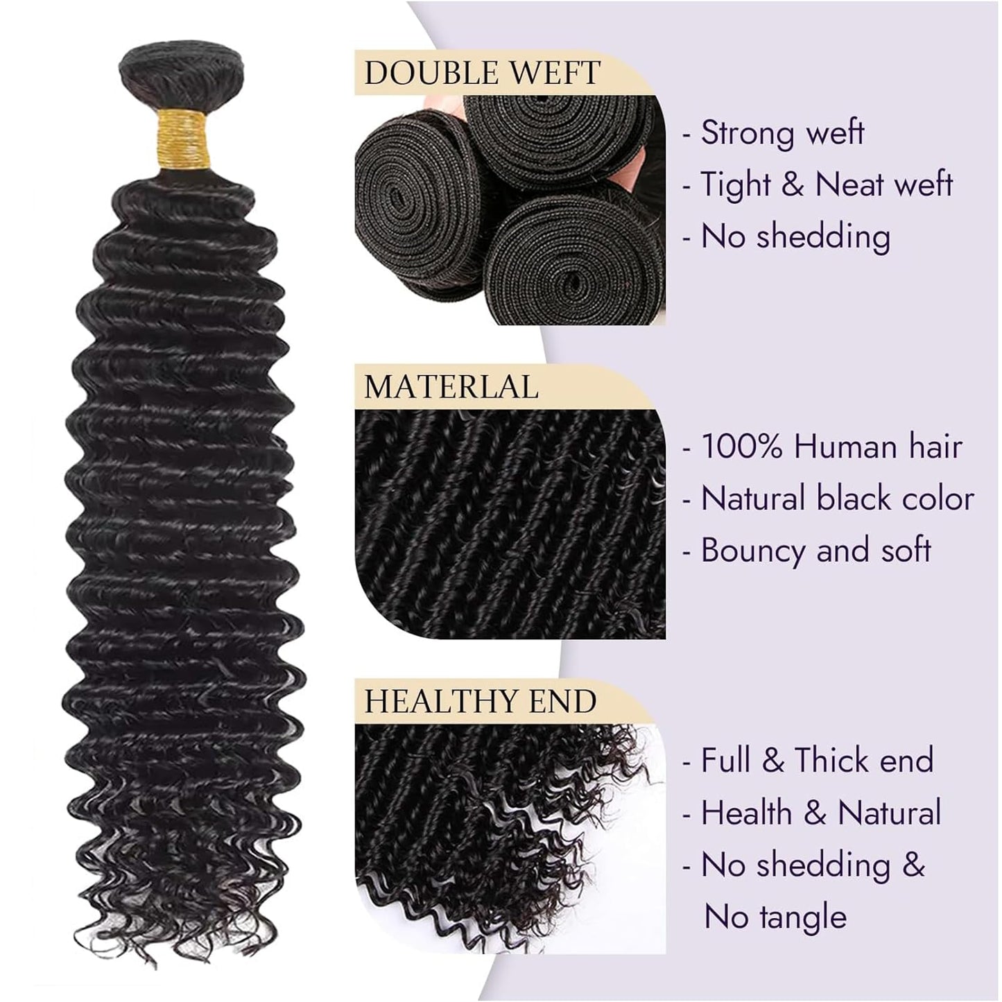 Deep Wave Human Hair Bundles, 13A Curly Bundles Human Hair, Wet and Wavy 100% Brazilian Virgin Quick Weave Deep Wave Bundle for Women (Bundles Natural Black)