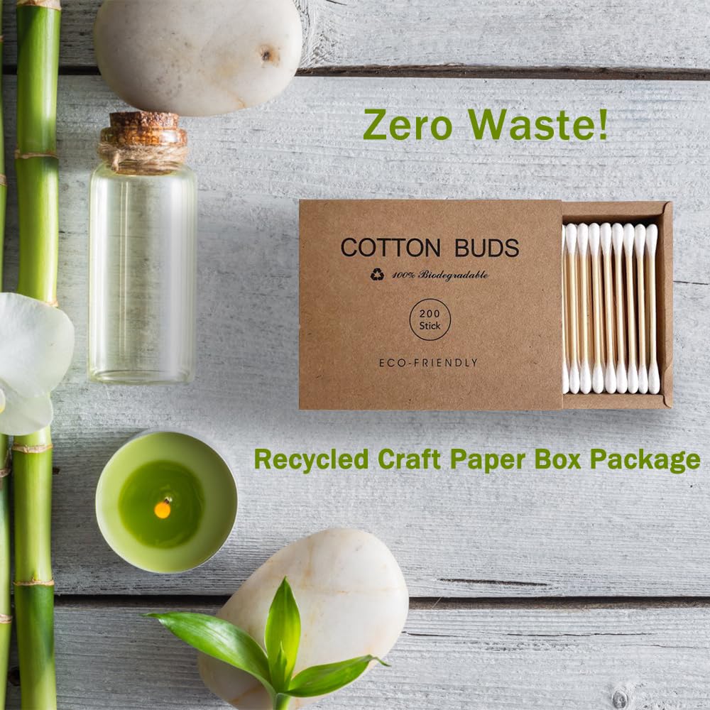 Bamboo Cotton Swabs - 400 Count Vegan Ear Buds | Natural Wooden Double-Tipped Organic Cotton for Ear Wax Removal