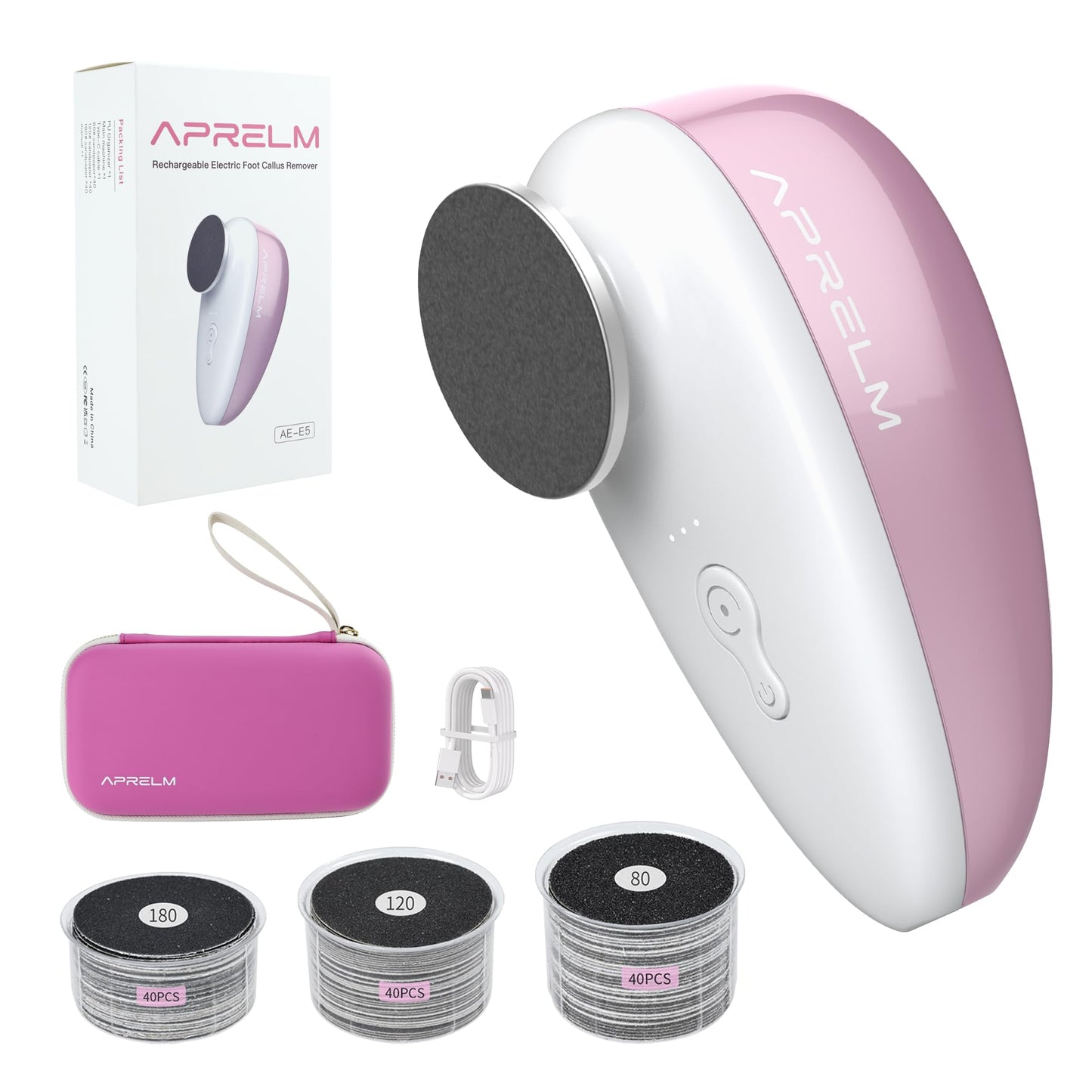 APRELM Rechargeable Electric Foot Callus Remover with 3-Sizes 120Pcs Sandpapers, Professional 1000RPM Electric Foot File with Organizer, Pedicure Tools Gifts for Women Men (E5 Pink-White)