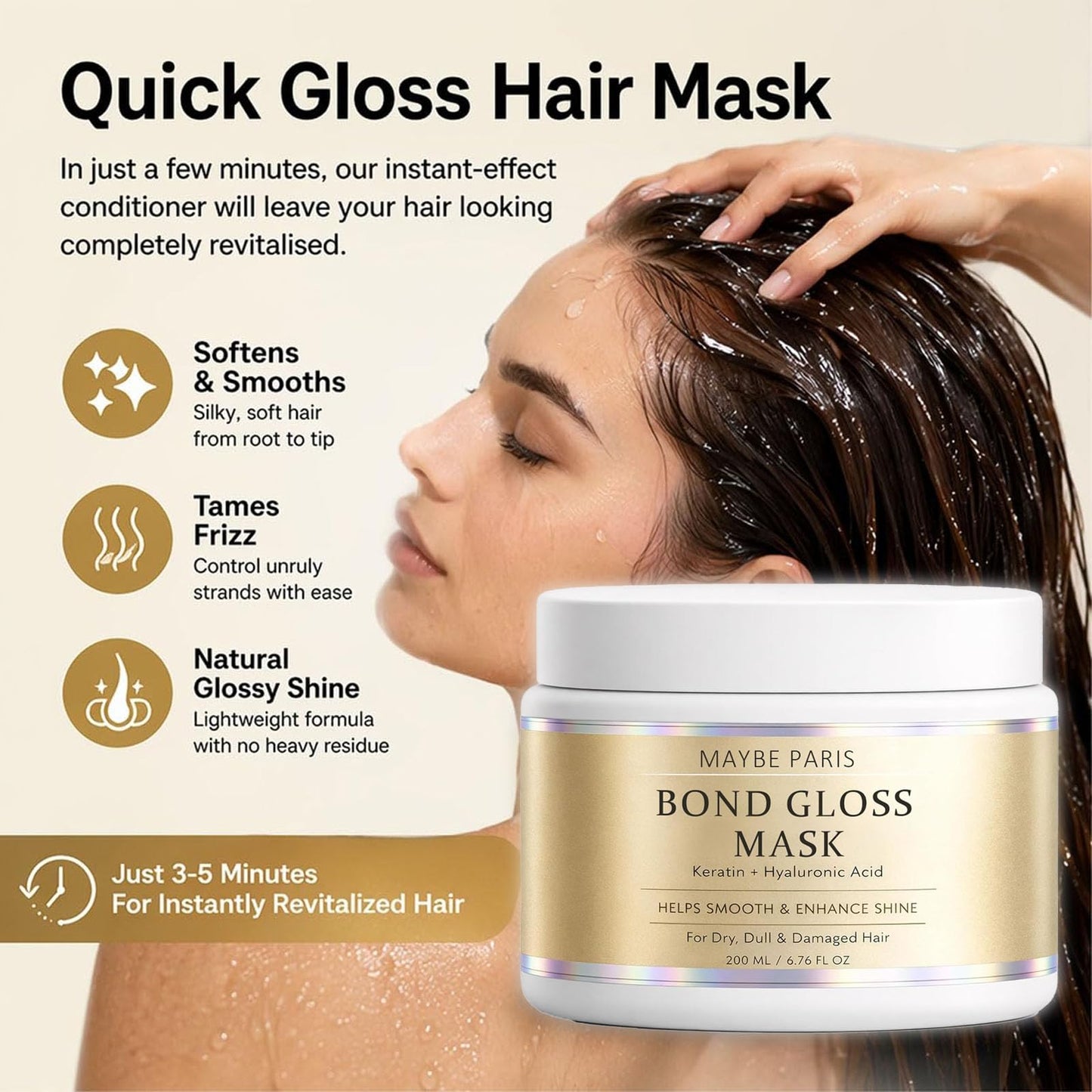 Tasunte Maybe Paris Bond Gloss Mask, with Hydrolyzed Keratin & Hyaluronic Acid, Deep Repair Hair Mask, Smoother & Shinier Looking Hair for Dry, Dull, Damaged, Brittle Hair