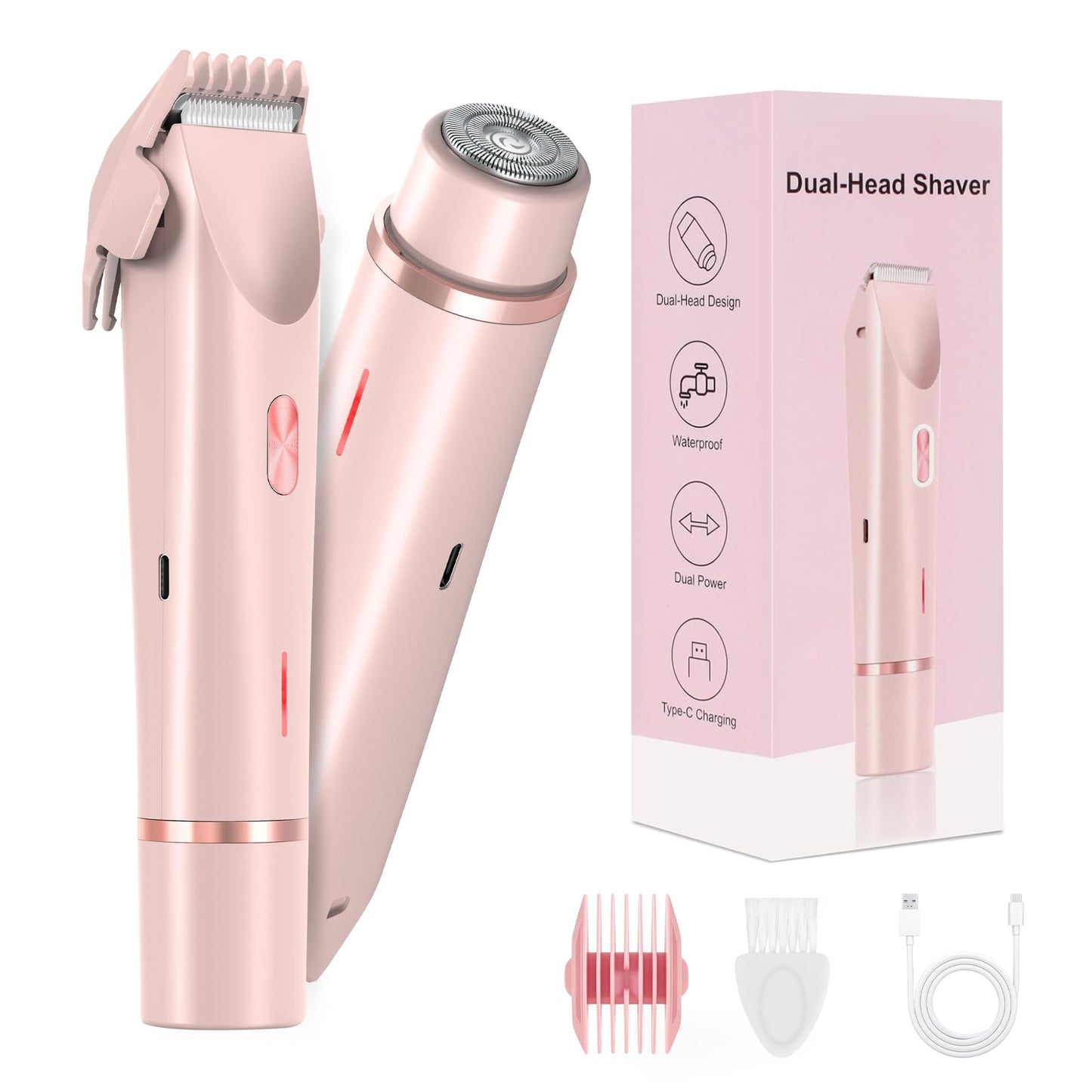 YZDJQX Bikini Trimmer for Women-2 in 1 Dual Head Electric Razors,IPX7 Waterproof Bikini Electric Shaver,Dry & Wet Use Painless Bikini Shaver,Pubic Hair Trimmer for Private Area & Body Hair, Pink