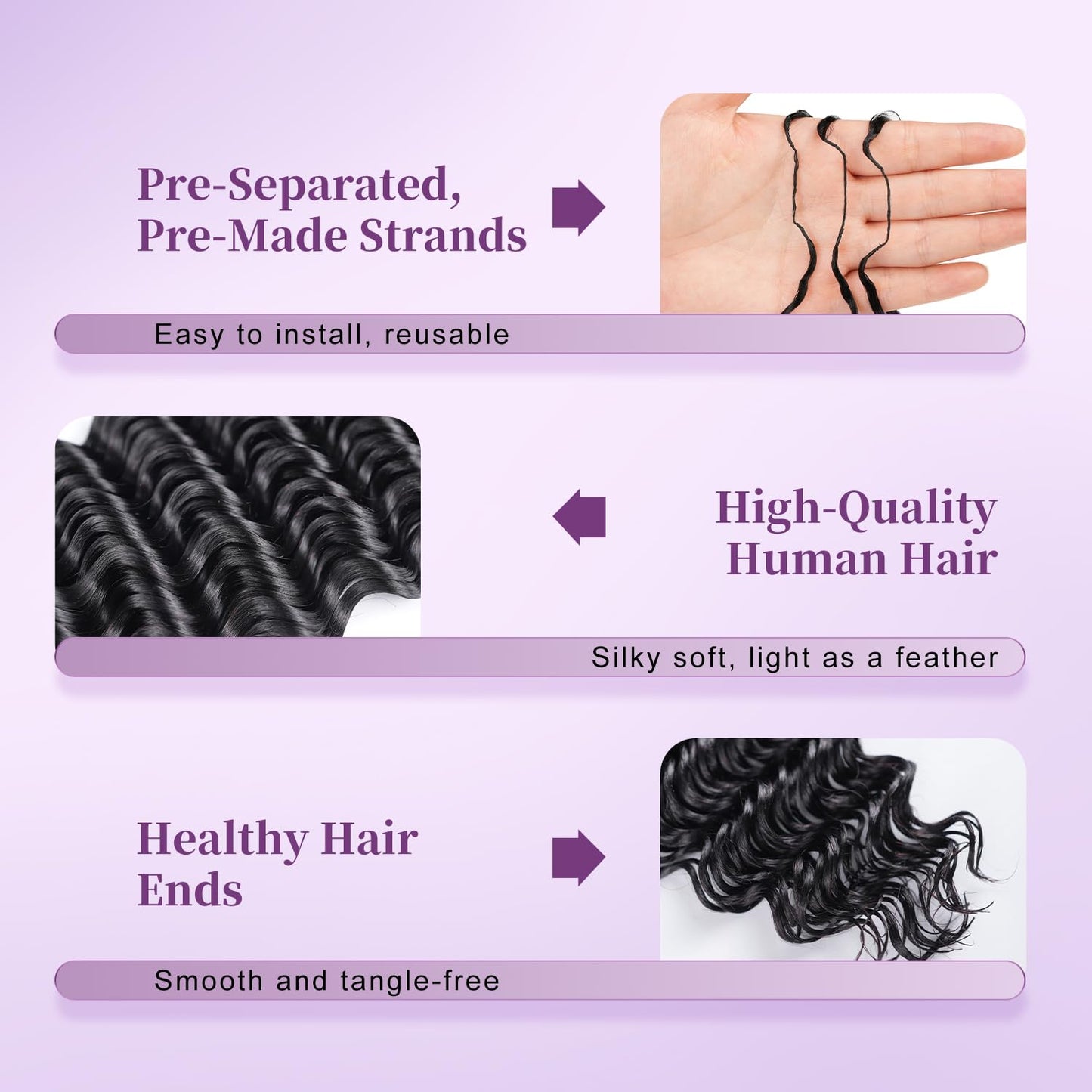 Miokimou Feather Crochet Human Hair 16Inch Deep Wave Crochet Hair for Black Women Knotless Pre-separated 50 Strands Invisible Miracle Knots Crochet Human Hair (1–2Pack Fill-In, 3–4Pack Fuller Look)