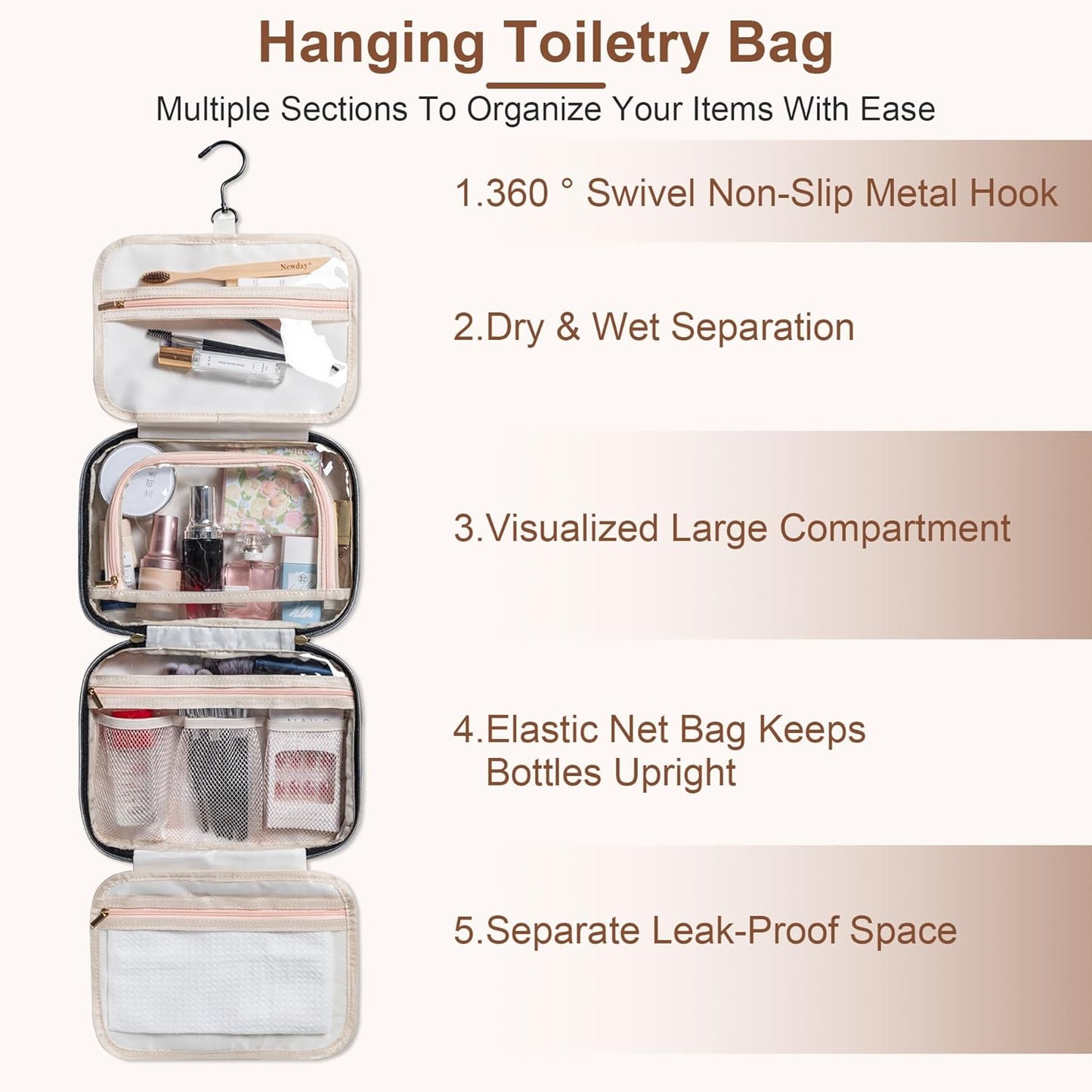 Travel Toiletry Bag - Waterproof Hanging Makeup Organizer for Women | Full-Size Cosmetic Storage (Black)